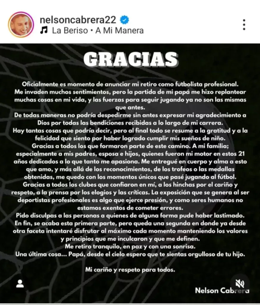 Nelson Cabrera se despide del mundo fútbol. (Foto: Instagram).