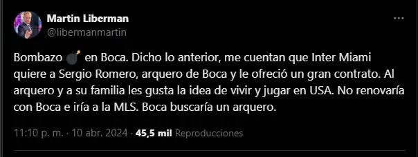 Inter Miami quiere a Chiquito Romero para Messi. (Foto: X / @libermanmartin)