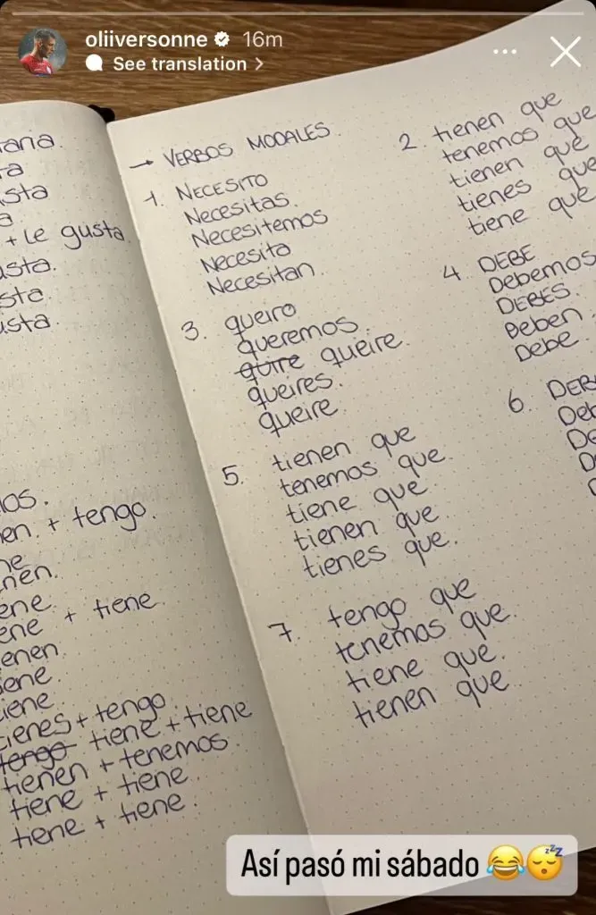 Oliver Sonne estudiando español. (Foto: Instagram).