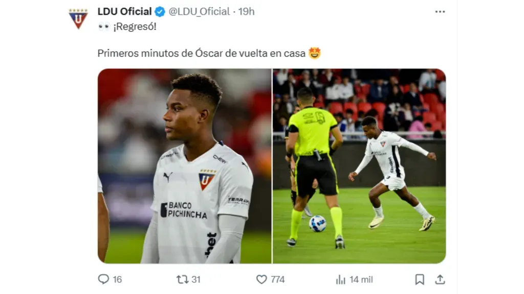 Así destacó Liga de Quito el regreso de Óscar Zambrano. (Foto: @LDU_Oficial)