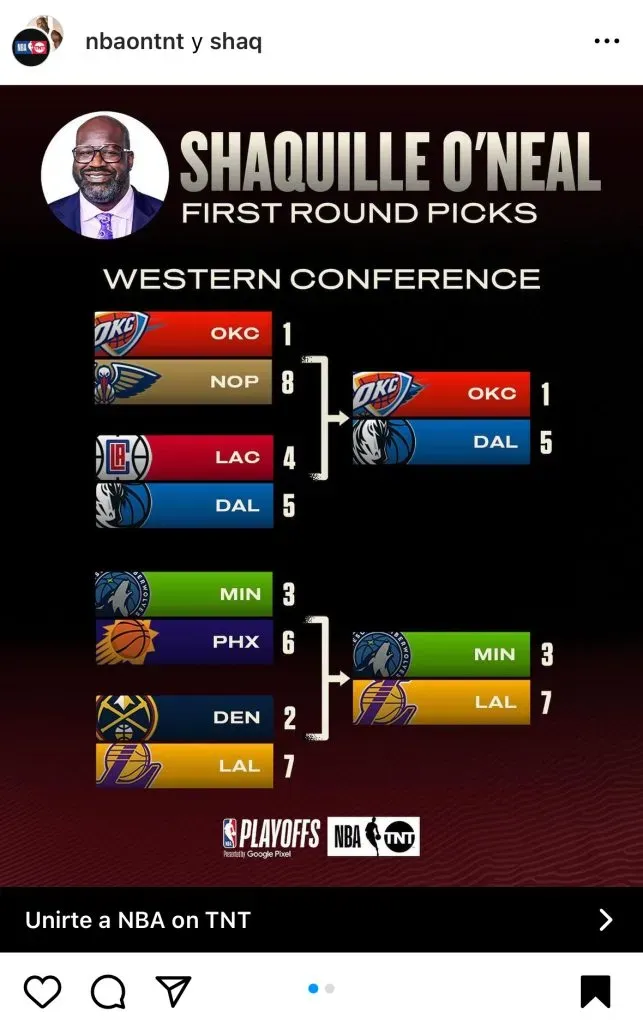 Predicción de O’Neal en la primera ronda de Playoffs en el Oeste. (Foto: Instagram / @nbaontnt)
