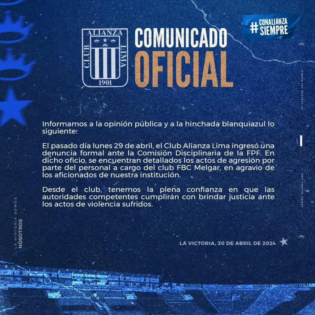 Comunicado de Alianza Lima. (Foto: Alianza Lima).