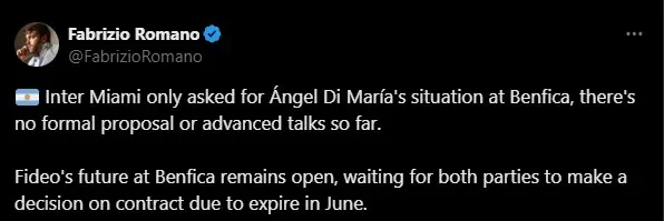 Romano sobre Di María a Inter Miami. (Foto: X / @FabrizioRomano)