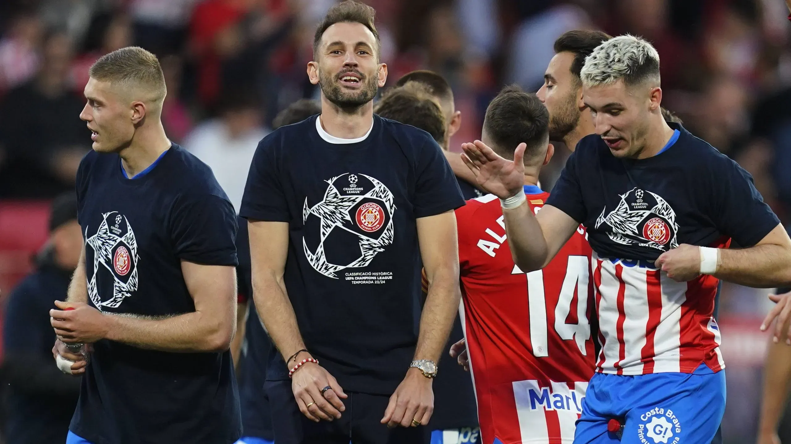 Christian Stuani, en el festejo del Girona por la clasificación a la Champions League tras el 4 a 2 al Barcelona.