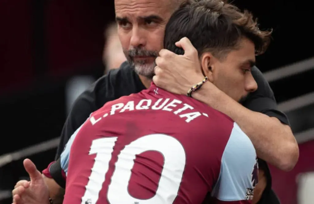 Pep Guardiola y Paquetá en un Manchester City vs. West Ham: IMAGO