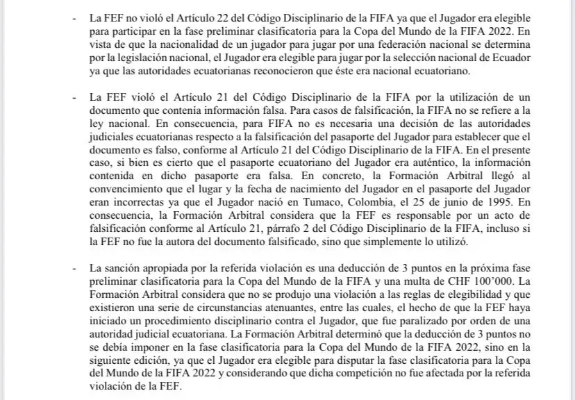 Resolución del TAS sobre lugar de nacimiento de Byron Castillo.