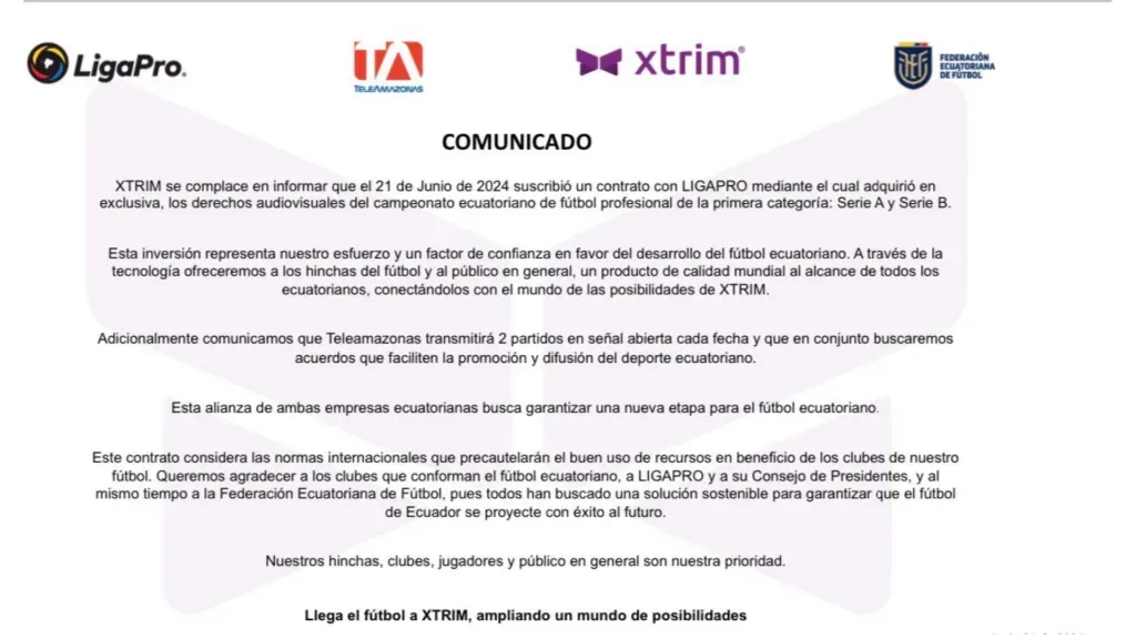 Así fue el comunicado de XTRIM que confirma la tranmisión de la segunda etapa de la LigaPro. (Foto: @Xtrimecuador)