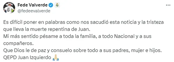 La publicación que Federico Valverde le dedicó a Juan Izquierdo.