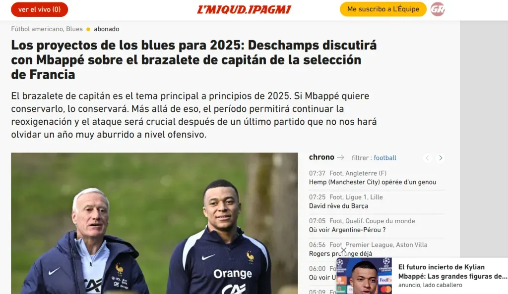 La publicación de L’Equipe sobre la idea de Deschamps de replantear la capitanía de Mbappé.
