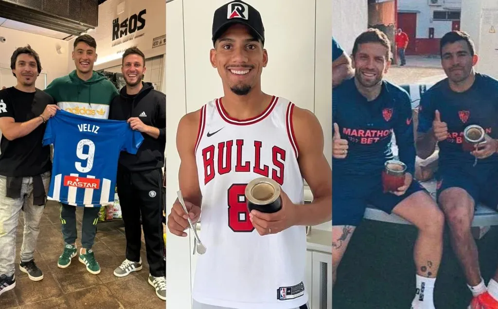 Alejo Véliz, Ronald Araujo, Papu Gómez y el Huevo Acuña, futbolistas unidos por el mate. (Foto: Instagram @matesramosbcn)