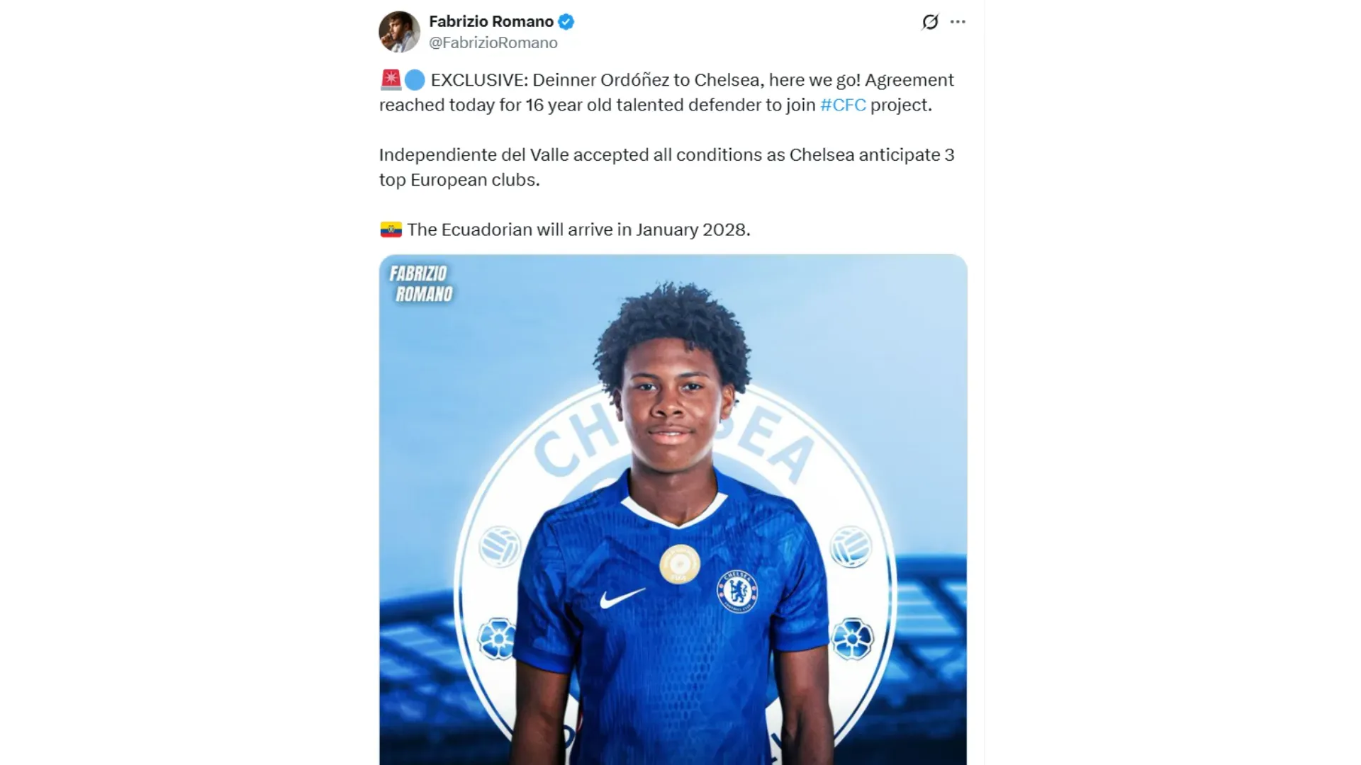 Deinner Ordóñez llegará a Chelsea en 2028. (Captura de pantalla)