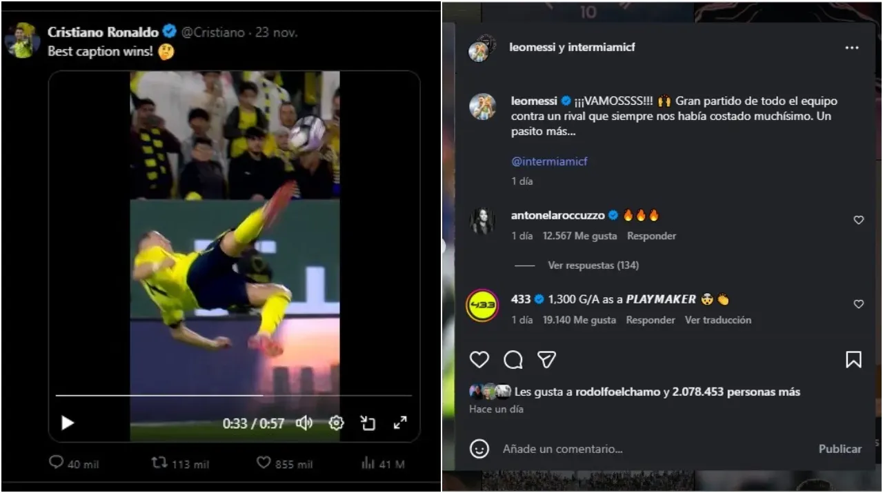 Reacciones de Cristiano y Messi a sus golazos. (Foto: X / @Cristiano e Instagram / @leomessi)