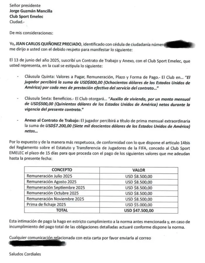 La solicitud de Jean Carlos Quiñónez a Emelec. (Foto: @eduardoerazov)