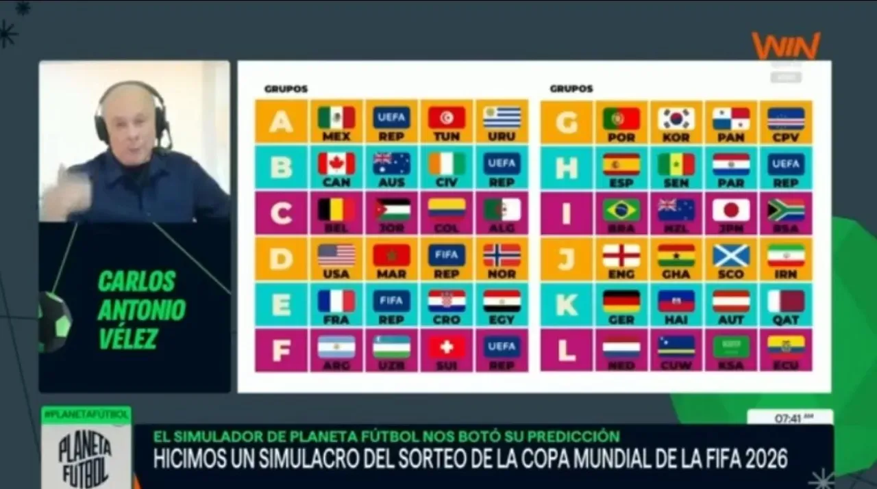 Los grupos del Mundial 2026, según el simulacro de Vélez. (Foto: captura de pantalla Win Sports)