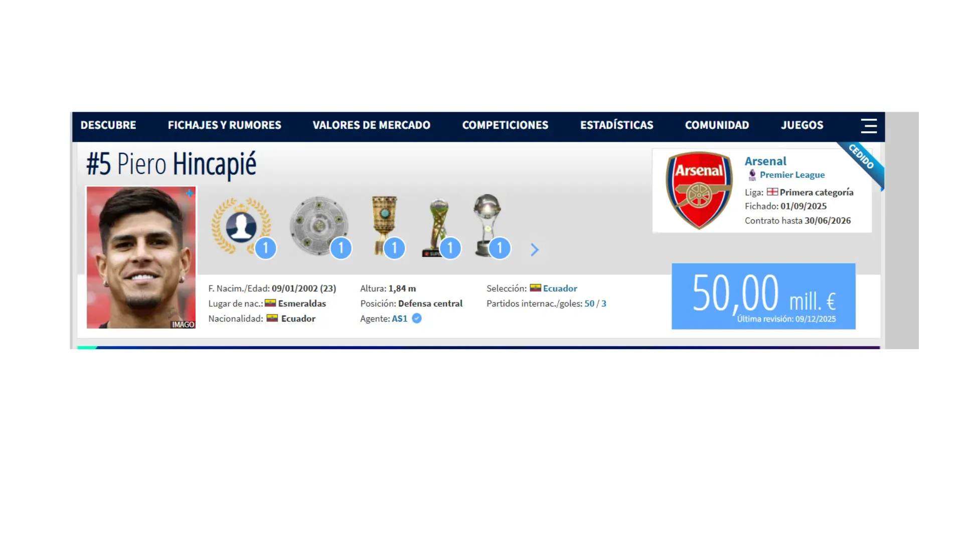 El valor de mercado de Piero Hincapié. (Foto: Captura de pantalla)