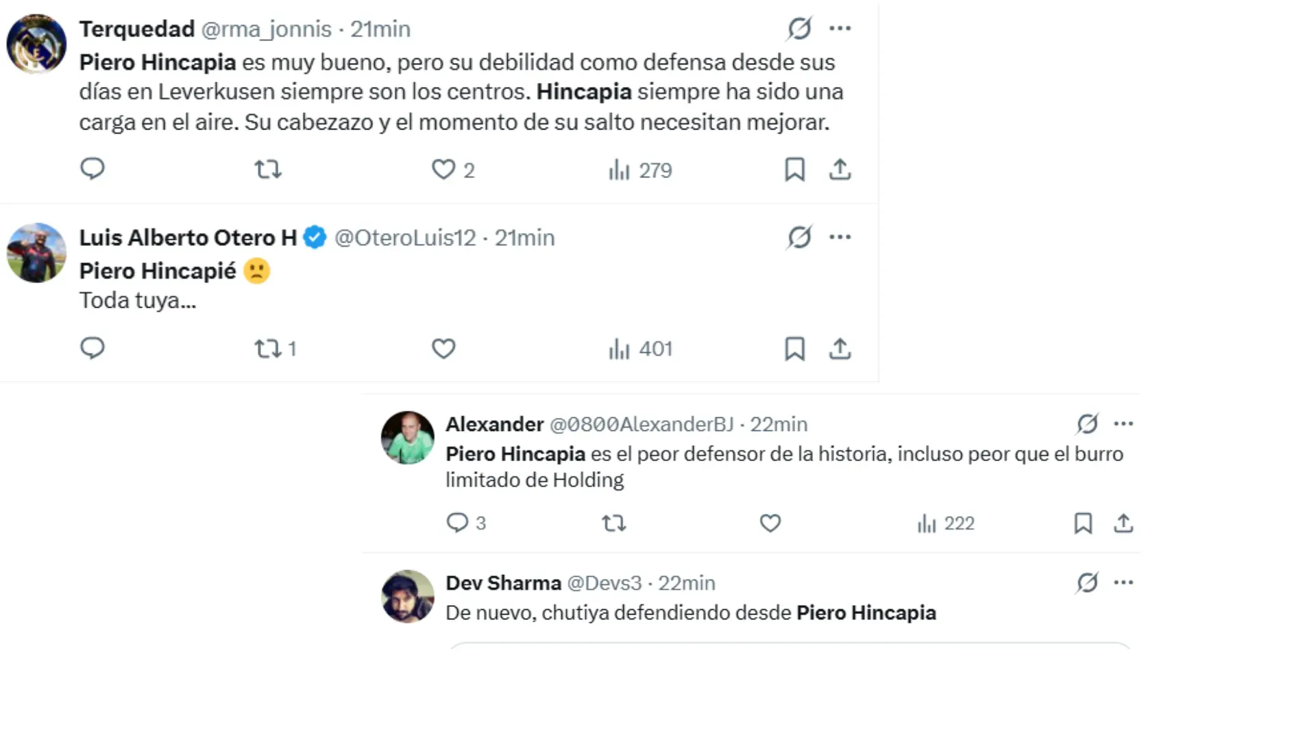 Los comentarios de los hinchas para Piero Hincapié en X. (Foto: Captura de pantalla)