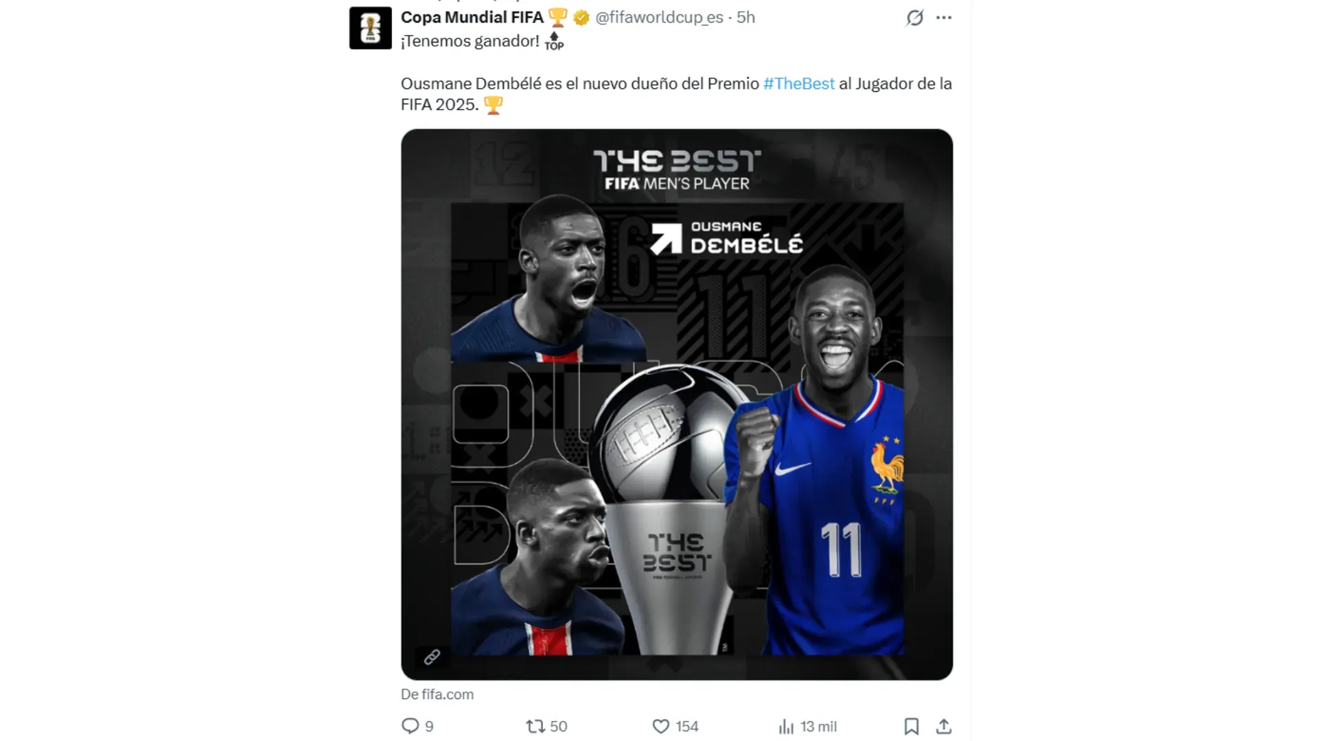 Dembélé ganó el The Best en 2025. (Captura de pantalla)