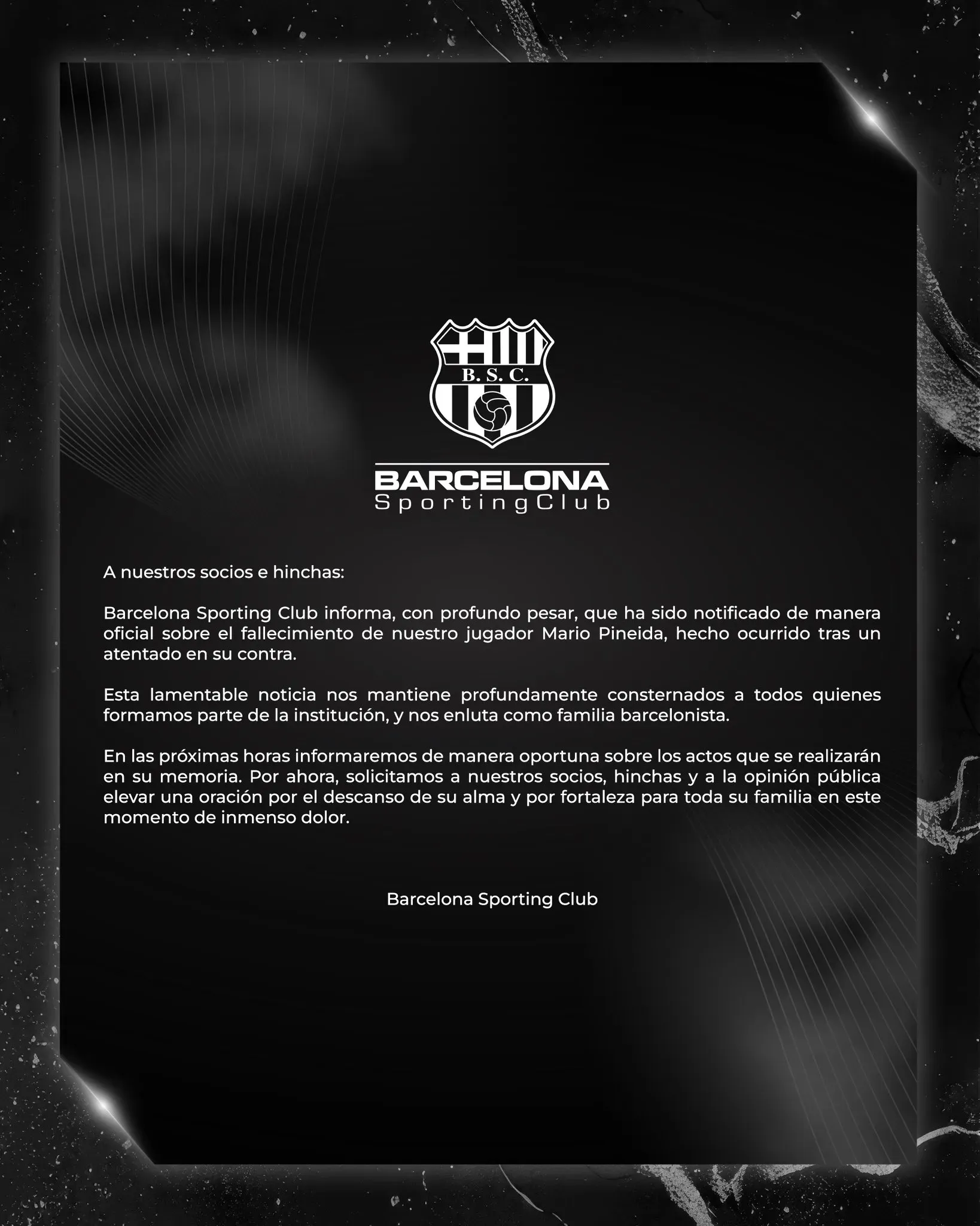 El comunicado de Barcelona SC por la muerte de Mario Pineida. (Foto: Barcelona SC)