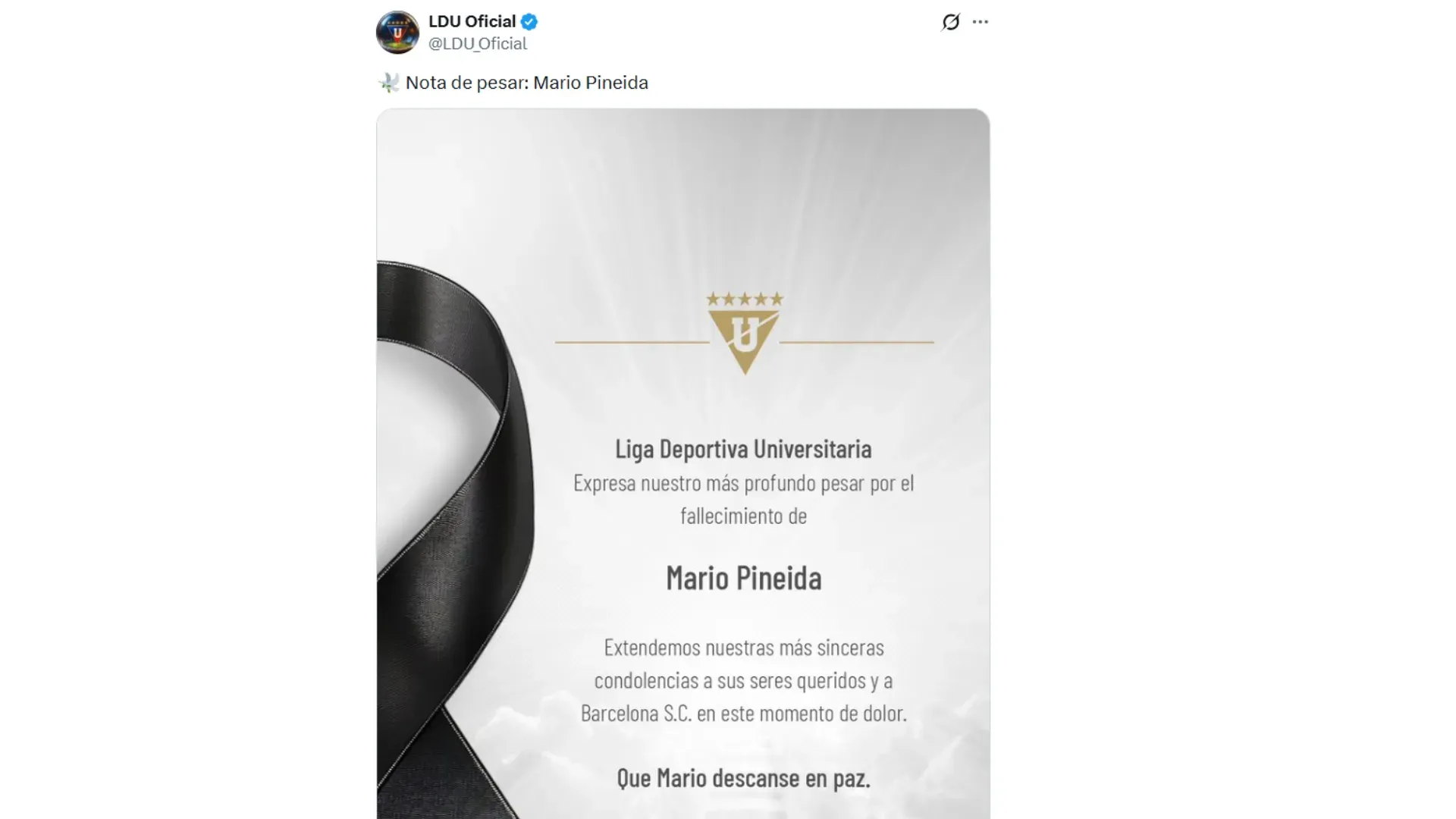 El mensaje de Liga tras el fallecimiento de Pineida.