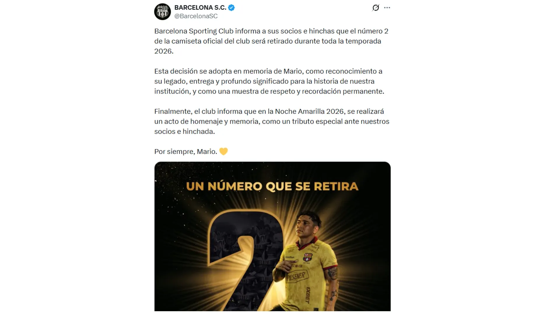 Homenajes de Barcelona SC a Mario Pineida. (Foto; Captura de pantalla)