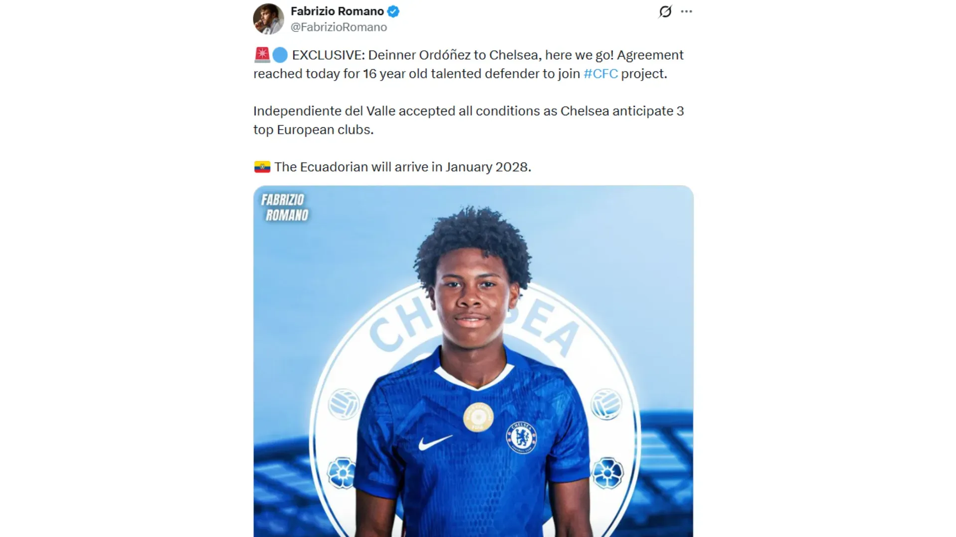 Deinner Ordóñez sería prestado por Chelsea. (Foto: Captura de pantalla)