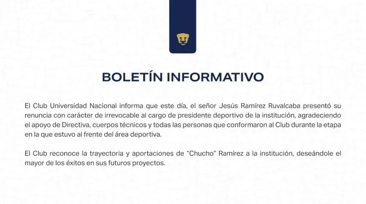 Así comunicó Pumas la renuncia de Ramírez. (@PumasMX)