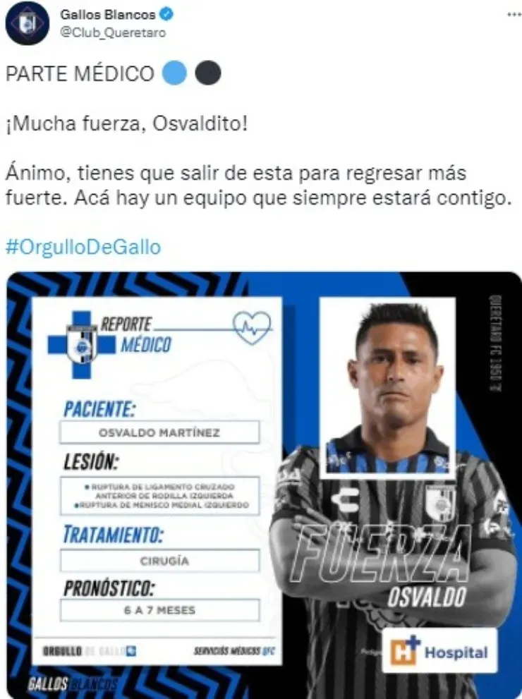 Así informaron la baja de Martínez (@Club_Queretaro)
