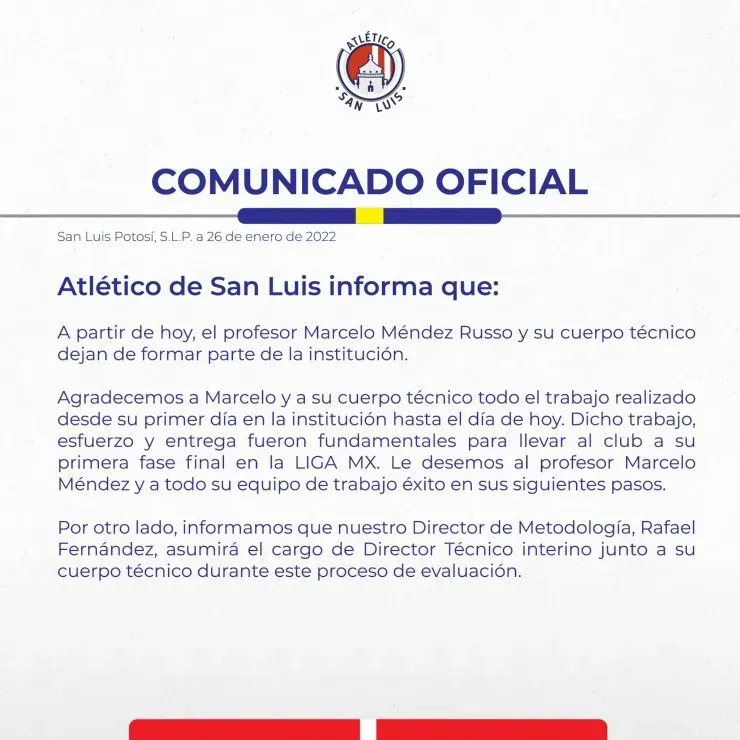 Atlético de San Luis cesó a su DT