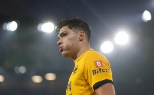 WOLVERHAMPTON, ENGLAND - JANUARY 15: Raul Jimenez of Wolverhampton Wanderers during the Premier League match between Wolverhampton Wanderers and Southampton at Molineux on January 15, 2022 in Wolverhampton, England. (Photo by James Williamson - AMA/Getty Images)-Not Released (NR) EDITORIAL USE ONLY. No use with unauthorized audio, video, data, fixture lists, club/league logos or 'live' services. Online in-match use limited to 120 images, no video emulation. No use in betting, games or single club/league/player pub