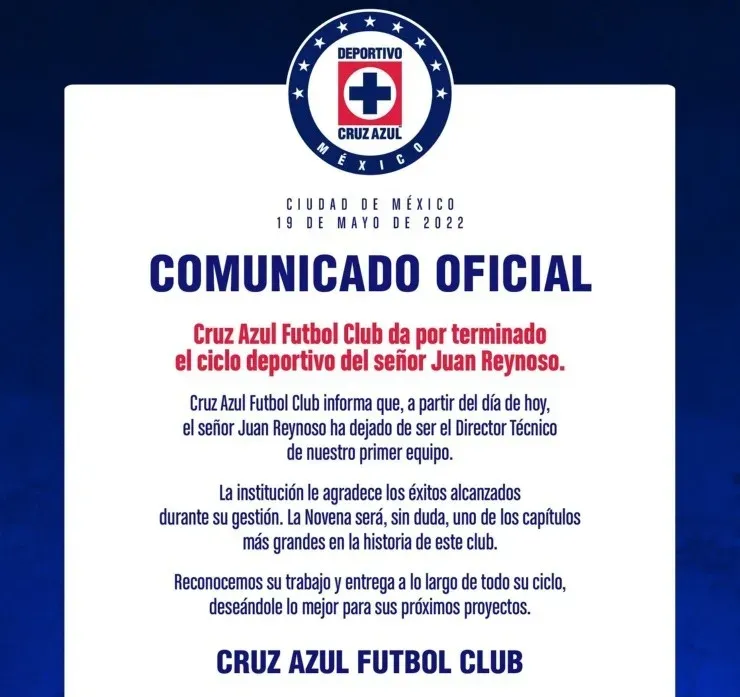 Comunicado de despido de Juan Reynoso