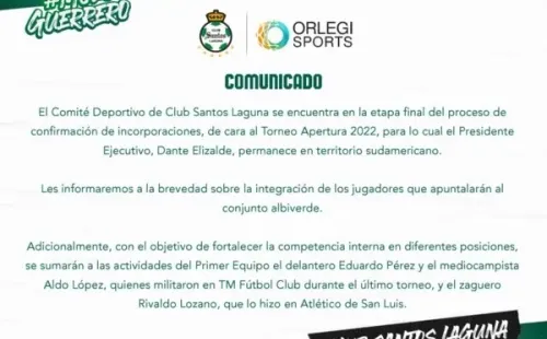 Comunicado oficial de Santos Laguna (Twitter)