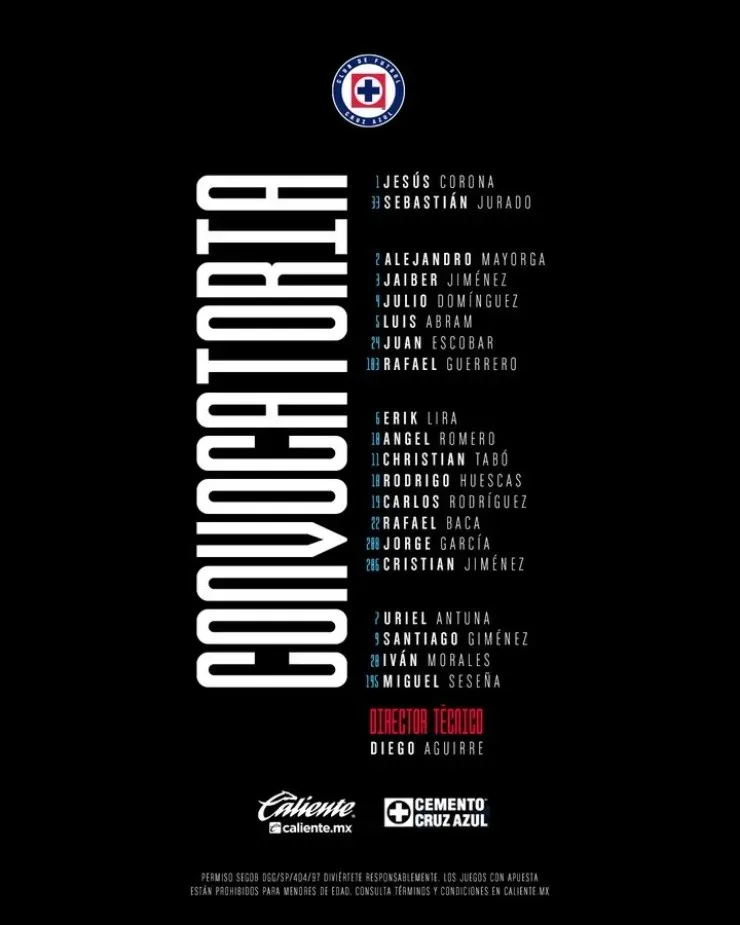 Convocados de Cruz Azul para enfrentar a Tigres. Créditos: @CruzAzul