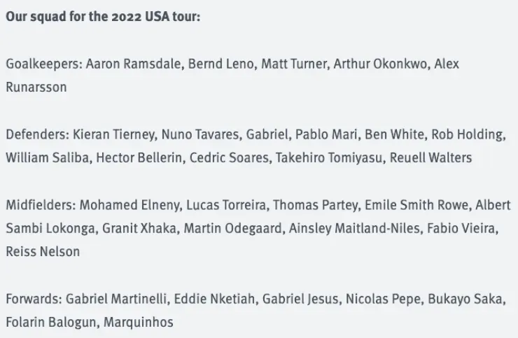 Convocatoria del Arsenal para sus juegos por Estados Unidos 2022 | Arsenal