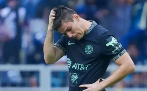 Ciudad de Mexico, 20 de febrero de 2022. Jorge Mere en lamento, durante el partido de la jornada 6 del torneo Grita Mexico Clausura 2022 de la Liga BBVA MX, entre las Águilas del America y los Tuzos del Pachuca, celebrado en el estadio Azteca. Foto: Imago7/ Rafael Vadillo