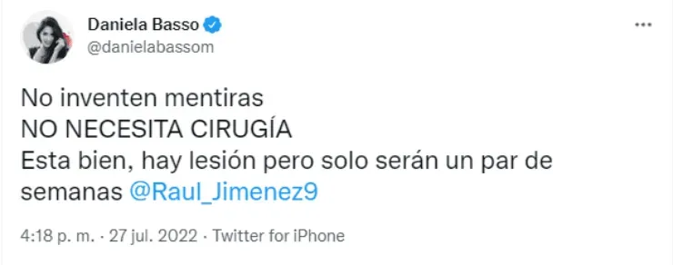 Daniela Basso tranquilizó a todos por Raúl Jiménez