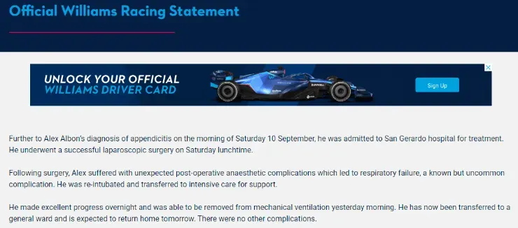 Comunicado de Williams por Alex Albon. (Williamsf1.com)
