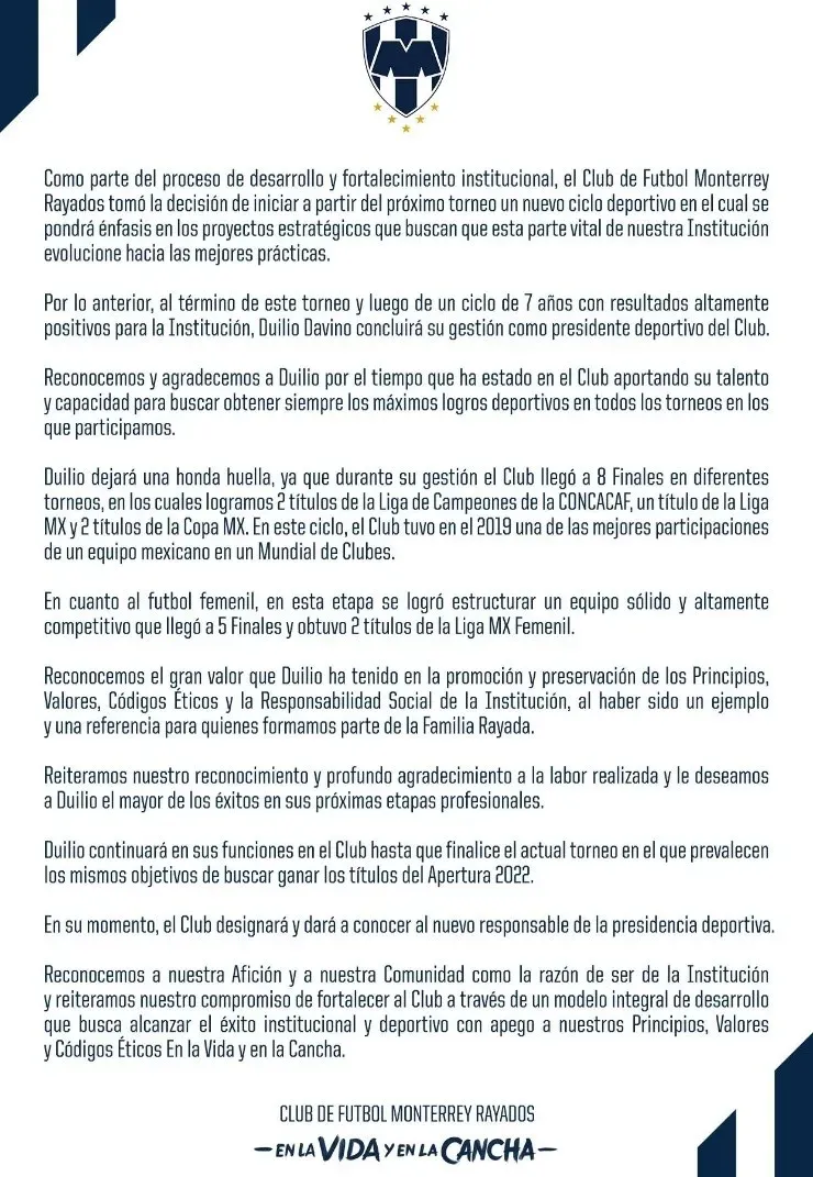 Davino se despide de Rayados. (Fuente: CF Monterrey)