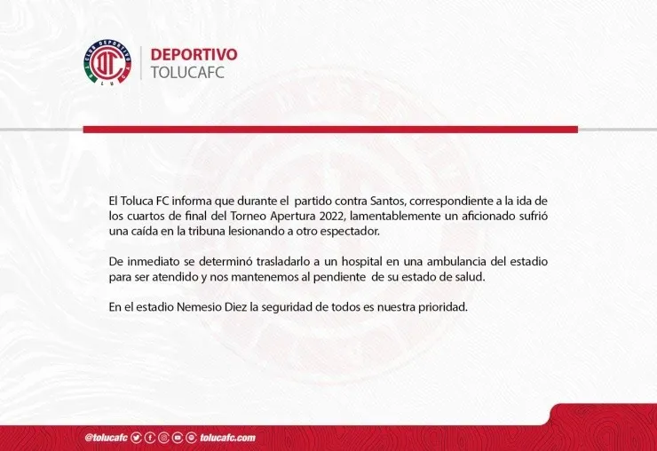Toluca informó sobre la saluda del aficionado lesionado