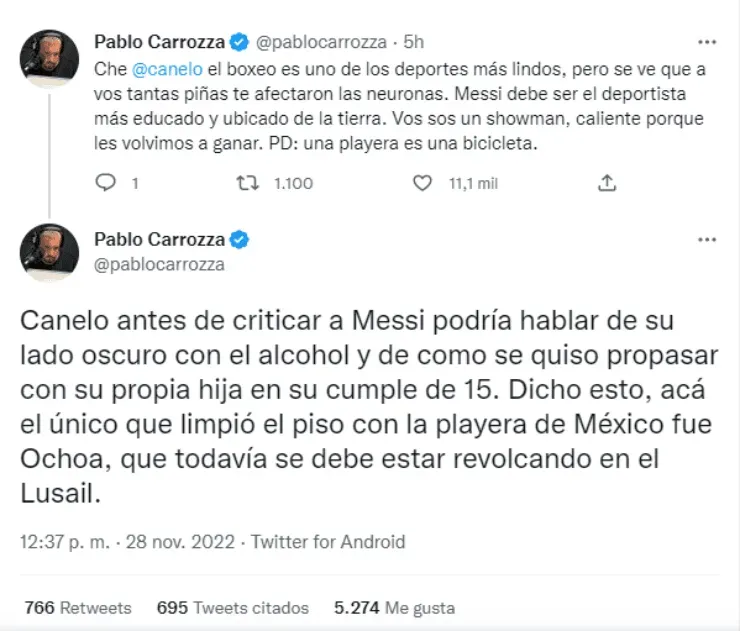 Pablo Carrozza acusó fuertemente a Canelo Álvarez