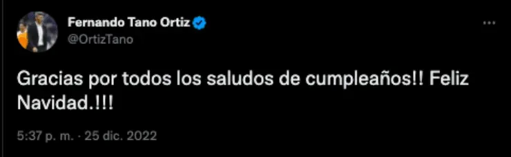 Mensaje de agradecimiento de Fernando Ortíz | Twitter