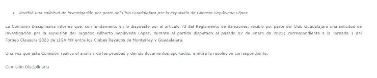Comunicado de la Comisión Disciplinaria.