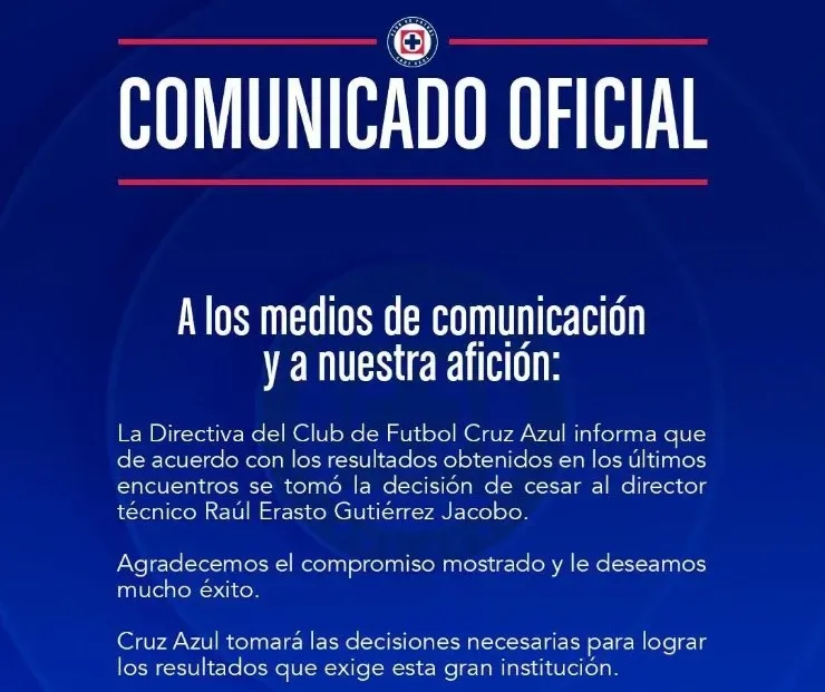Comunicado de Cruz Azul por la salida del Potro.