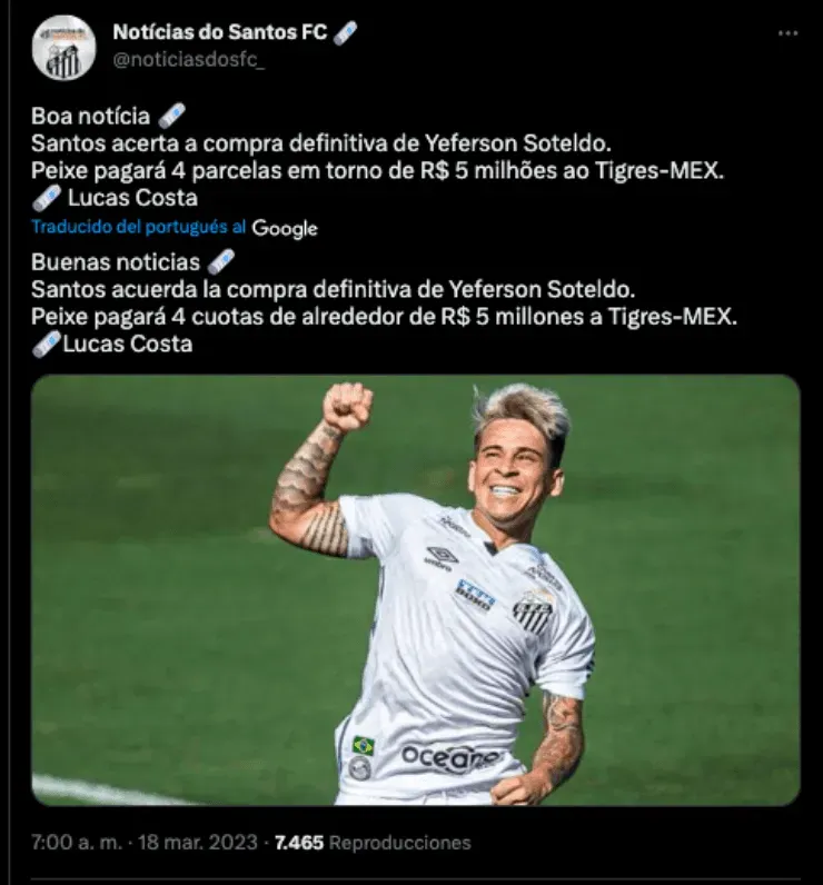 Yeferson Soteldo a Santos | Twitter