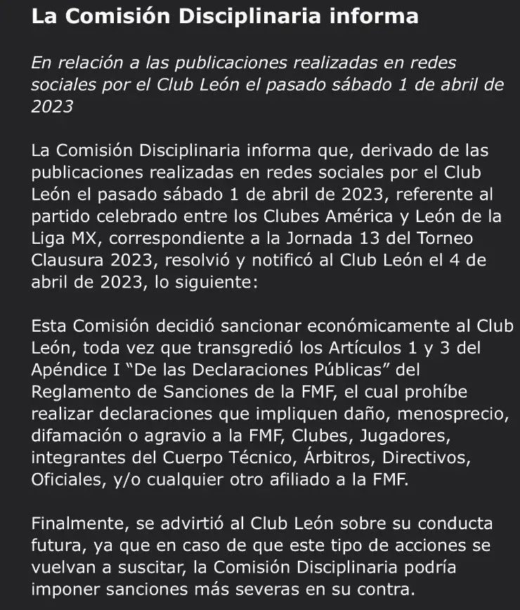 Comunicado por las sanciones contra León.