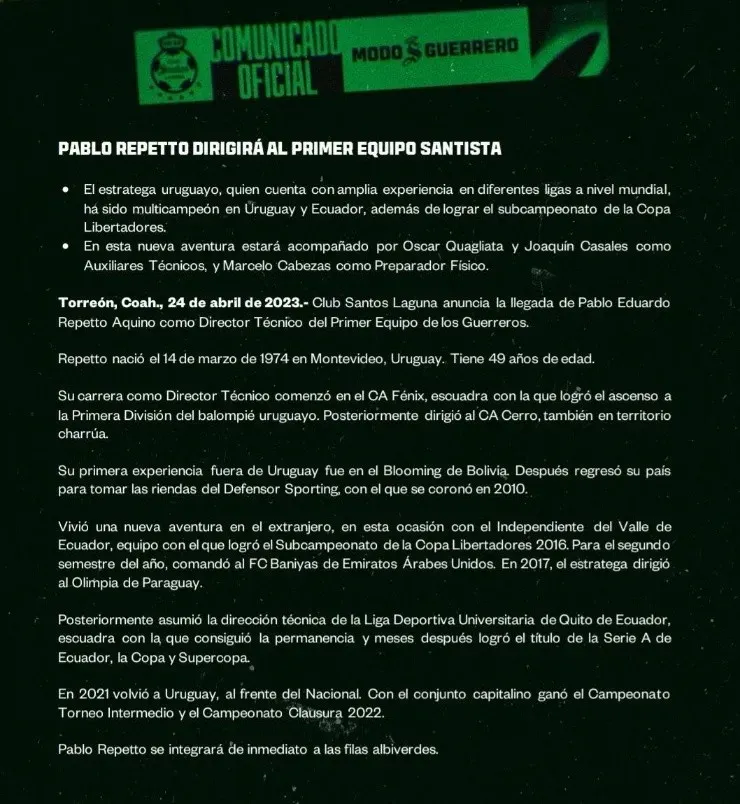 Comunicado por la llegada de Repetto. (@ClubSantos)