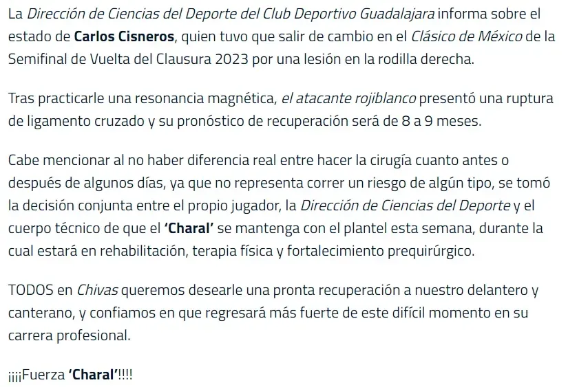 Reporte médico del Guadalajara por Cisneros.
