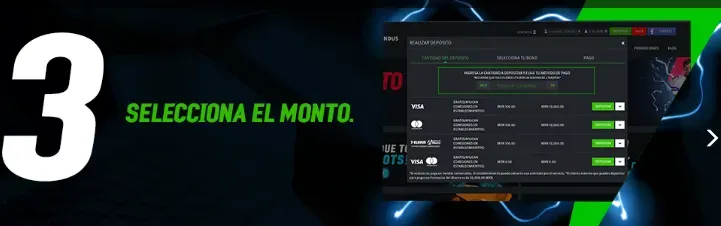 paso 3 para depositar en Strendus: seleccionar el monto
