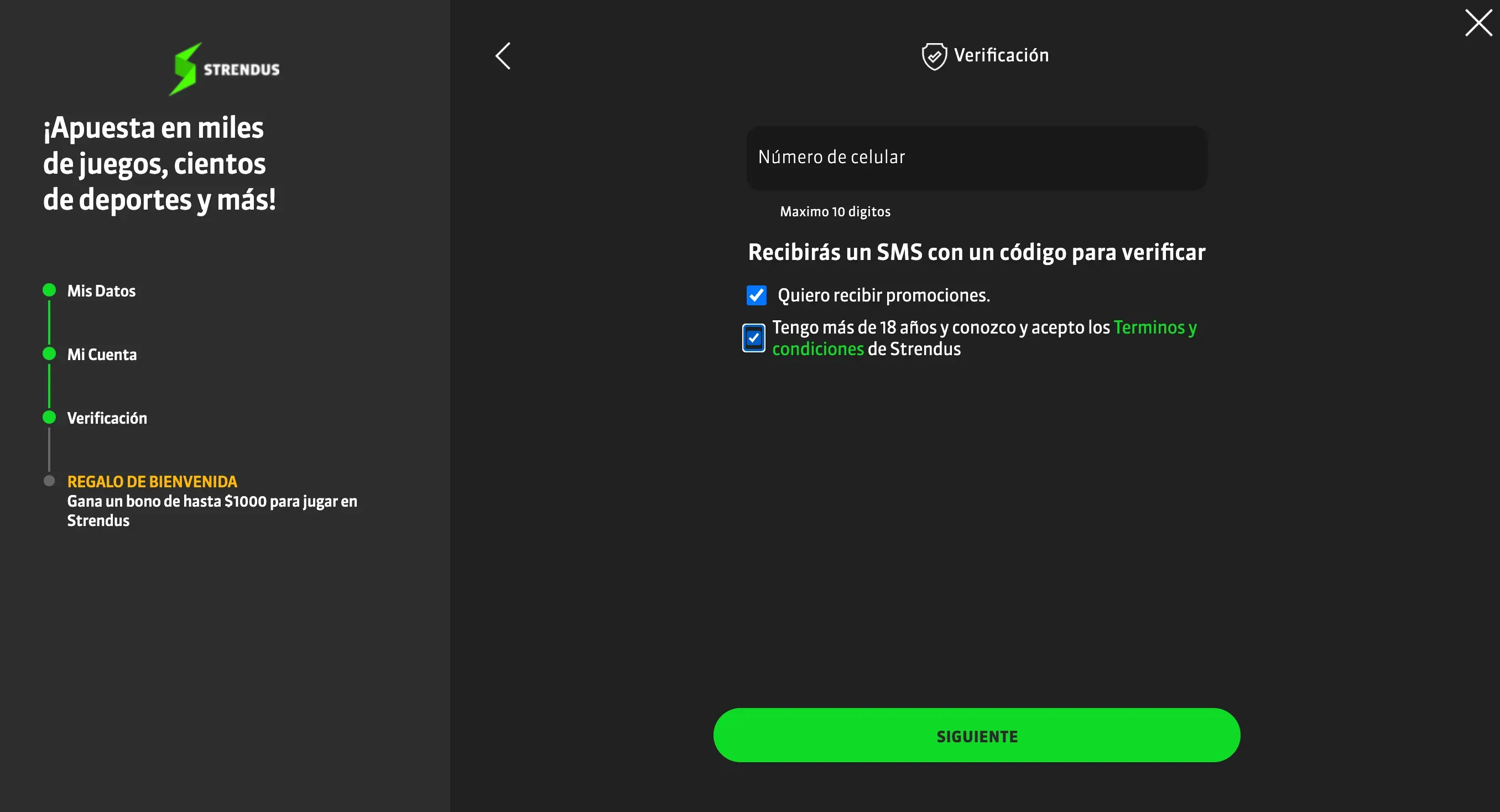 pantalla de verificación en Strendus