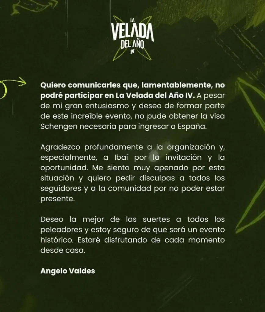 Will informó, a través de un comunicado, que no estará presente en La Velada del Año 4 por no haber obtenido la visa. (Twitter mrangelovaldes)