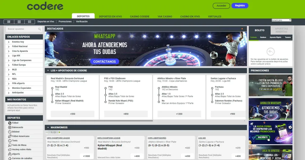 página Codere con sus tipos de apuestas